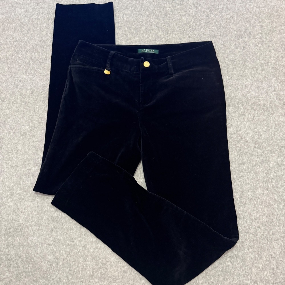 Lauren Ralph Lauren Black Velvet Straight Leg‎ Pants Gold Hardware Size 4 Womens